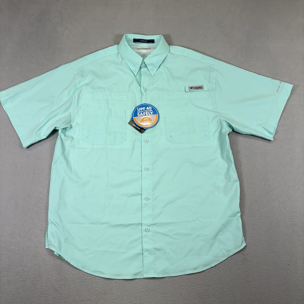 Columbia PFG Tamiami II Shirt Mens M Aqua Omni Shade UPF 40 Fishing NWT Flaws
